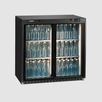 black double glass door undercounter bottle coolers with bottles inside
