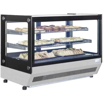countertop display case with glass surround and filled with shelves of sandwiches and other foods
