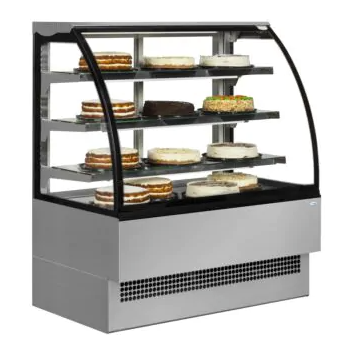 silver cabinet with glass display cabinet with shelves of cakes and desserts