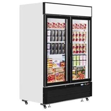 double glass door display freezer with white cabinet, black front and top canopy filled with shelves of food