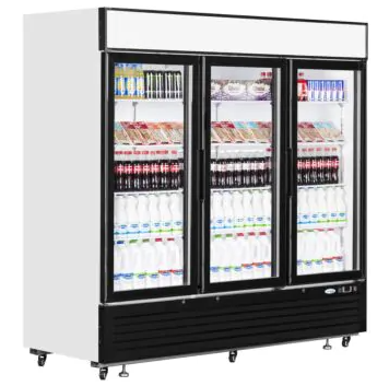 triple door display fridge with white cabinet, black front and upper canopy, filled with shelves of food and drink