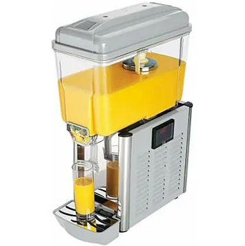 single tank juice dispenser with clear tank filled with orange juice
