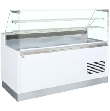 white counter with glass screen, stainless steel display deck and two upper shelves