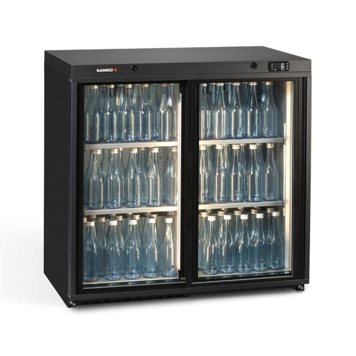 black double glass door undercounter bottle coolers with bottles inside