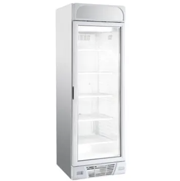 empty single glass door freezer with top canopy