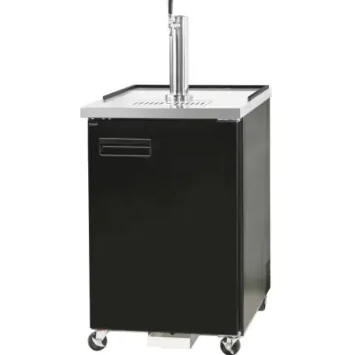 black single door cabinet on castors with stainless steel top and beer dispensing tap 