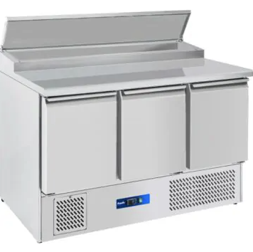 stainless steel three door prep counter with work top and raised gastronorm well at rear with lid