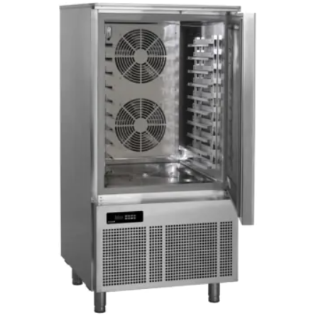 cabinet on legs with open door showing two internal fans and shelf supports