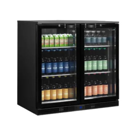 black double glass door undercounter bottle cooler filled with bottles