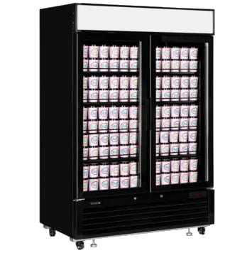 black double glass door display freezer filled with frozen food