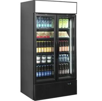black double glass door display fridge filled with food and drink