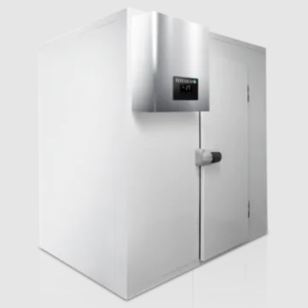 white freezer room with door and monoblock integrated refrigeration system