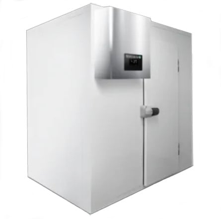 white freezer room with door and monoblock integrated refrigeration system