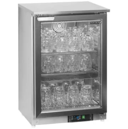 silver undercounter glass froster with glass door filled with glasses