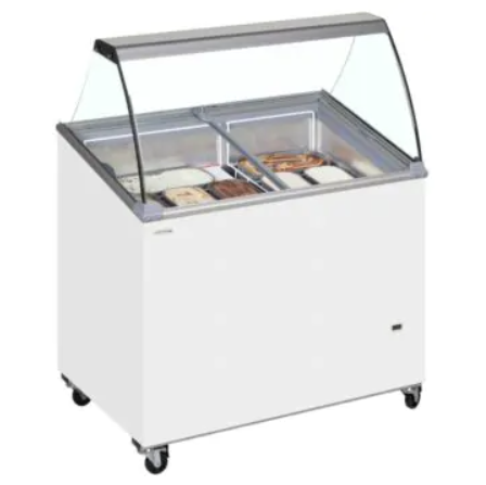 white ice cream chest freezer with glass lid and glass screen, filled with ice cream