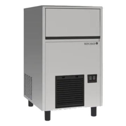 ice machine cabinet with black front grill and drop down door at the top