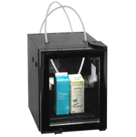 balck glass door fridge with cartons of milk inside and tubes for dispensing