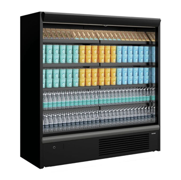 black open front multi-tier display fridge filled with food and drink