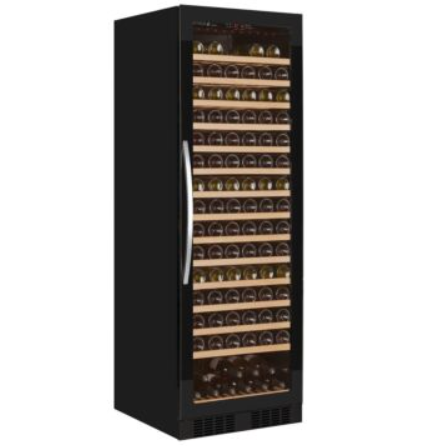 black upright wine cooler with glass door and wooden shelves filled with wine bottles